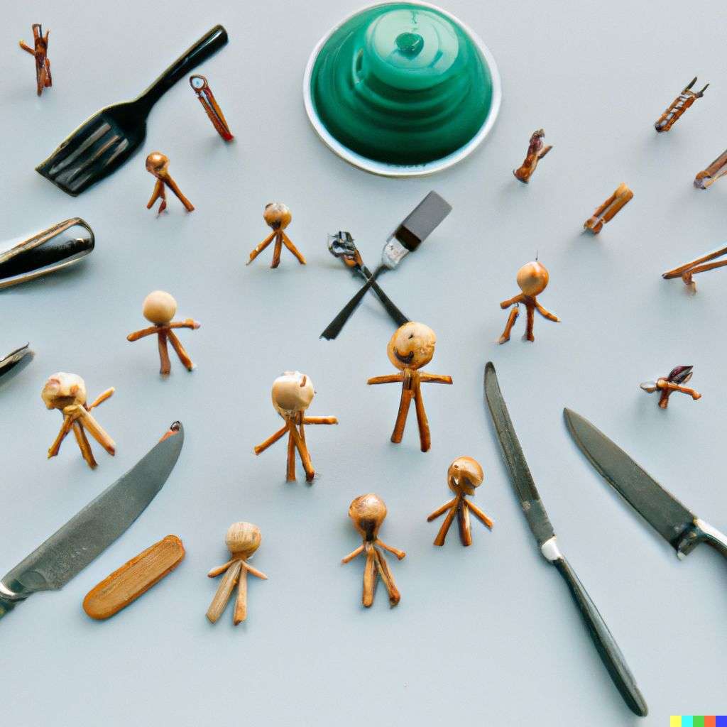 a representation of anxiety made from miniature kitchen utensils